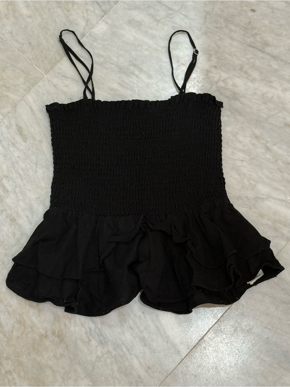 Zara Black Smocked Ruffle Camisole with Spaghetti Straps